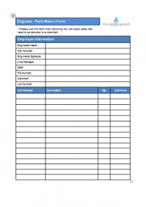 Suppliers and Stores Forms - Engineer Parts Return Form TN