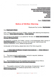 Notice of Written Warning TN
