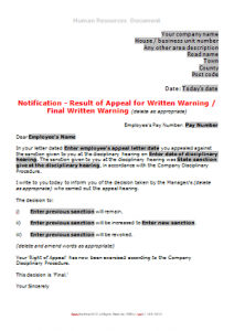Result of Appeal Final Written Warning TN